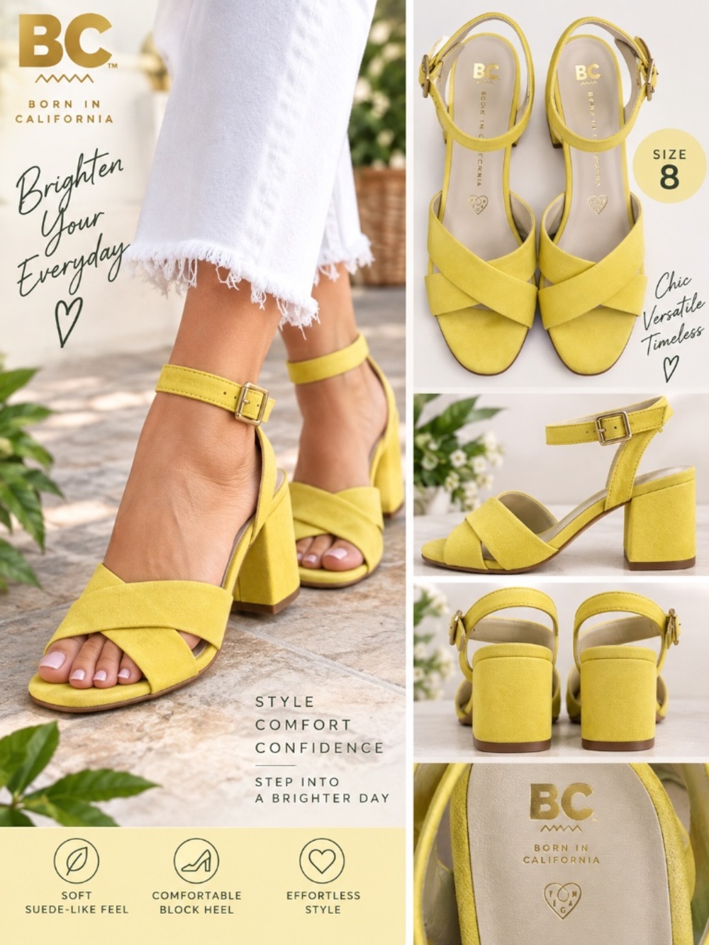 BC Footwear Yellow Suede-Look Block Heel Sandals Size 8